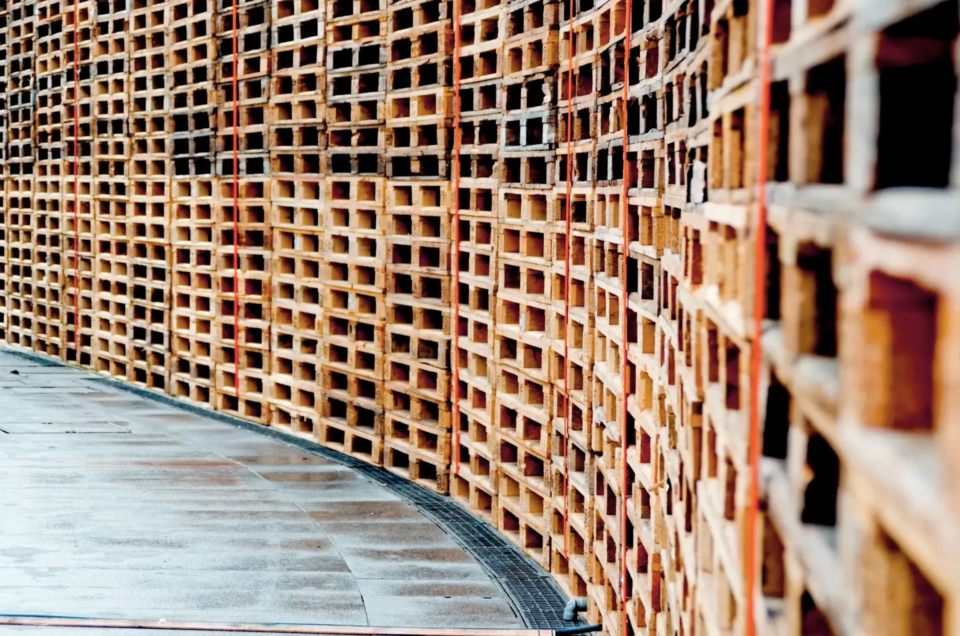 Pallet recycling yard with forklift and pallets